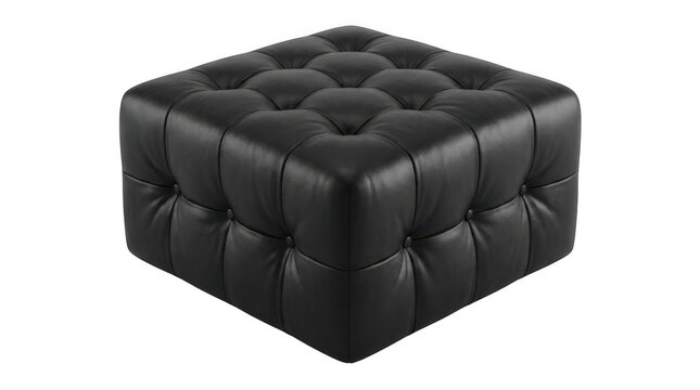 Black tufted ottoman cube upholstered in leather with button detail.