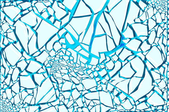 The background features an abstract pattern resembling cracks on an ice surface; the design consists of irregular white polygonal shapes with prominent blue outlines.