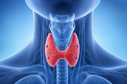Thyroid gland and parathyroid glands medical illustration showing thyroid anatomy in neck silhouette