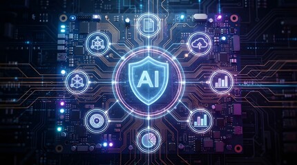 Fototapeta premium Artificial intelligence chip with integrated security shield and digital data icons on a circuit board