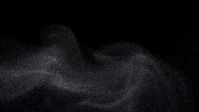 Billowing reflective particles spreading across black background with bluish silver highlights and low key contrast for moody abstract motion scene, with particle, speck, grain, dust detail