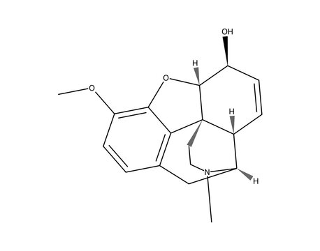 Codeine (C18H21NO3), complex organic chemistry molecular structure, black skeletal formula transparent