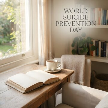 World suicide prevention day text on a cozy home office desk with book and coffee cup