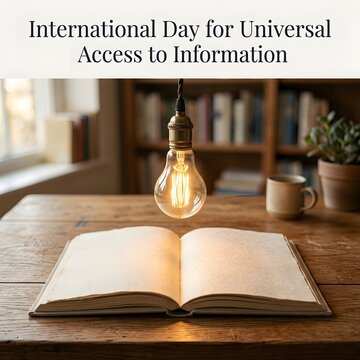 Open book on a wooden desk with a glowing light bulb for international access day