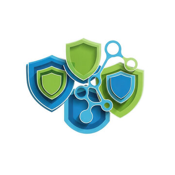Colorful interconnected network of social media icons with shields