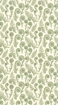 Seamless green fern frond pattern illustration featuring delicate botanical leaf designs on a light background for nature-themed projects