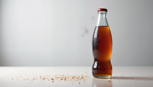 glass bottle filled with cola beverage, beaded condensation on surface, against a plain background, suitable for advertising or product presentation