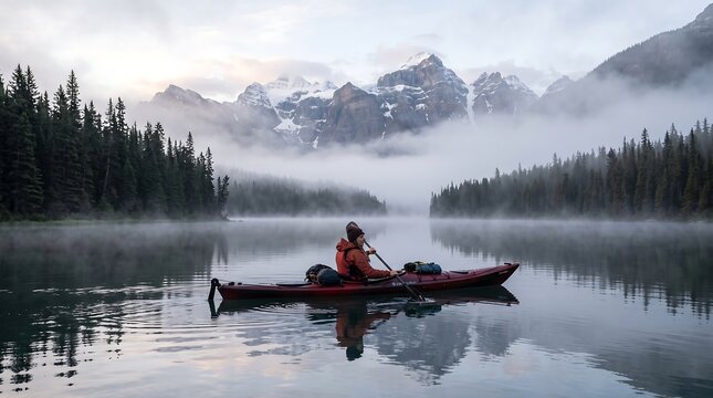 A lone kayaker paddles across a calm misty mountain lake surrounded by dense evergreen pine forests at dawn