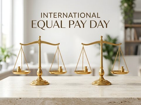 International equal pay day sign with two golden scales of justice on office desk