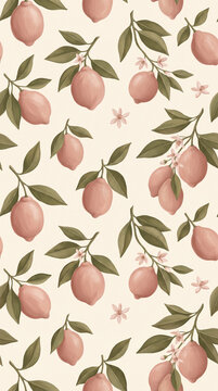 Seamless pattern featuring hand-painted pastel pink lemons with green leaves and delicate flowers on light background