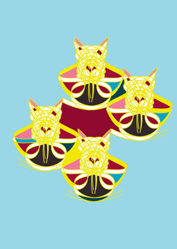Abstract illustration featuring four colorful stylized cat faces with bold black linework arranged on a light blue background. Modern geometric design with vibrant colors and decorative symmetry.