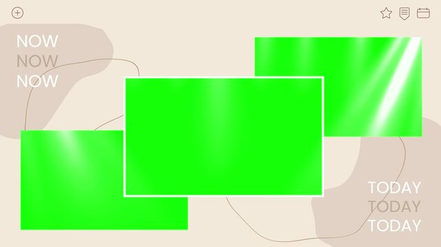 Frames overlap on a soft beige background featuring text accents and three distinct green screen areas designed for displaying multiple images or video clips in a clean and organized arrangement.