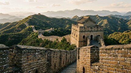 Fototapeta premium Great Wall of China winding through green mountains landscape