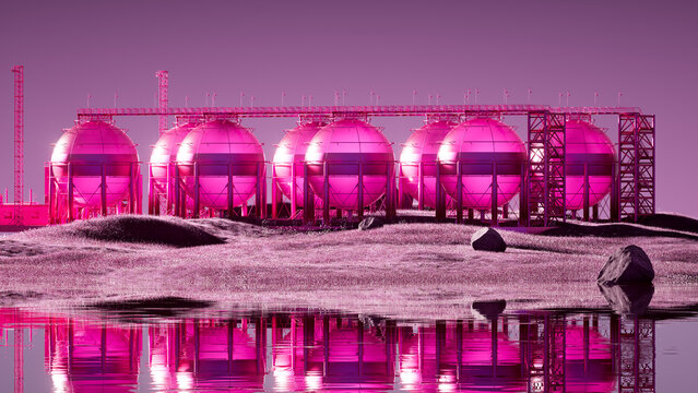 Pink Industrial Storage Tanks by Water