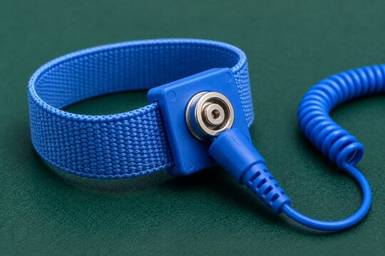 ESD003: Close-up of anti-static ESD wrist strap with grounding cord on green ESD workstation