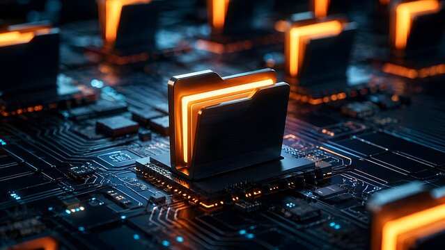 Secure digital data management concept featuring a brightly illuminated folder on a complex circuit board, symbolizing information storage and technological innovation.