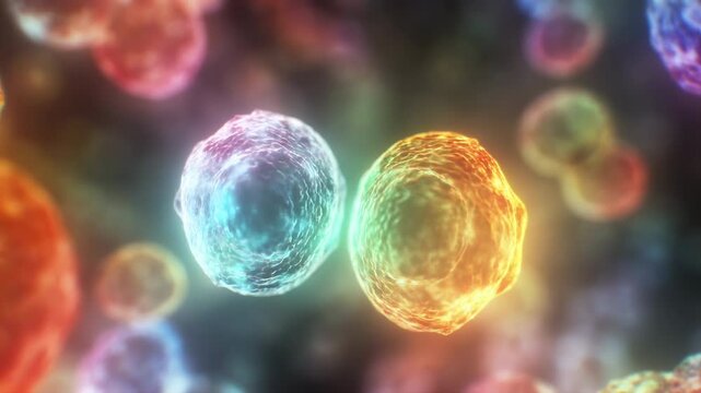 Macro view of textured spheres touching, merging, splitting, with iridescent rim light, shallow depth, and vivid abstract glow inside microscopic style setting, with sphere, particle, orb, cluster
