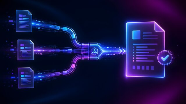 Digital transformation concept showing multiple data streams seamlessly consolidating into one comprehensive, verified document within a futuristic network environment.