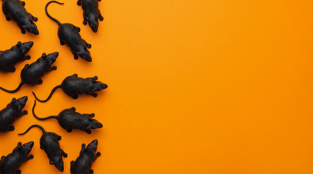 Halloween orange background with creepy black rats along the left border, spacious copy space for scary Halloween party decoration, horror backdrop and eerie seasonal design
