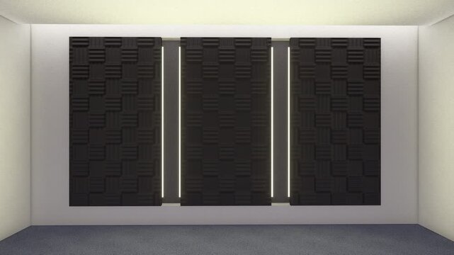 Changing Neon Lights Modern Acoustic Studio Background Loop. Cinematic 3D interior design 4k animation of an empty broadcast studio backdrop.