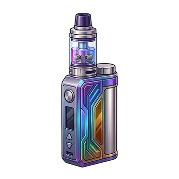 Advanced electronic cigarette vape mod with a colorful iridescent finish and glass tank isolated on white