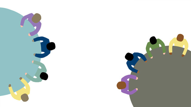 Minimalist illustration of business people sitting at two separate round tables for a meeting or workshop, overhead view isolated on transparent background.