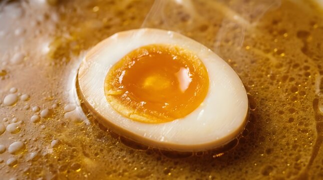 Soft Boiled Marinated Japanese Ramen Egg Floating In Rich Golden Broth