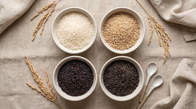 Ceramic bowls with various rice grains. Assorted raw rice varieties on a rustic table.