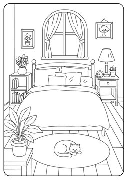 bedroom interior with bed, bedroom view coloring pages vector illustration