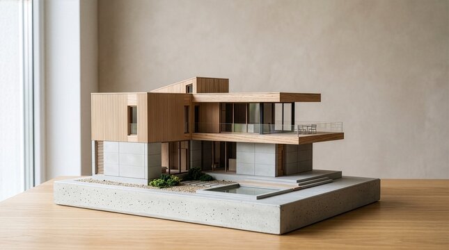 Minimalist architectural miniature model of a modern villa with wood and concrete panels