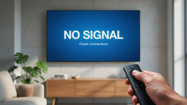 Hand holding remote control facing smart tv screen displaying no signal