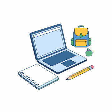 Isometric flat illustration of laptop computer with notebook pencil backpack and apple for online education and remote learning concepts