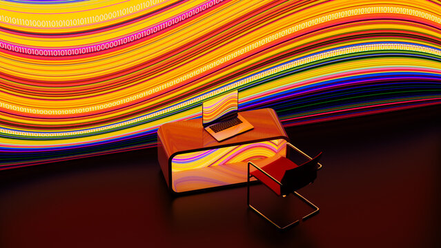 Colorful digital workspace with technology and data present
