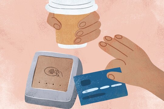 Illistration of a hand holding a credit card over a terminal