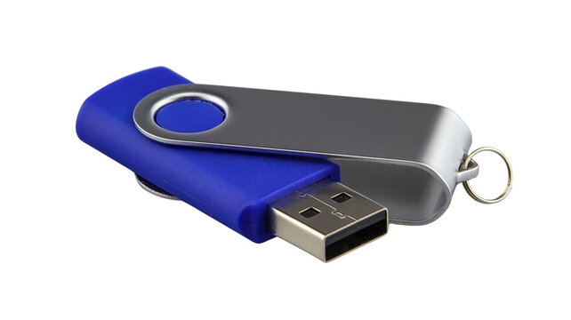Compact blue and metallic silver usb flash drive isolated on white background with data storage digital storage metallic portable electronics technology transfer connection hardware computer