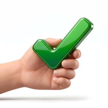 Hand holding a green check mark symbol on white background