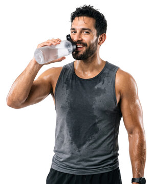 sweaty man drinking water from a bottle after a workout