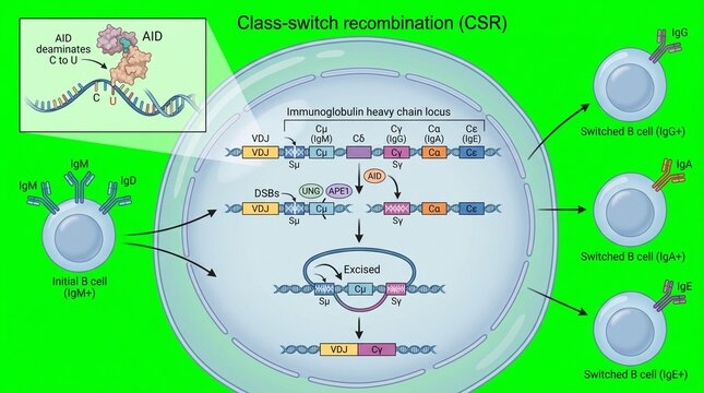 Class switch recombination diagram. Biological process of antibody isotype switching.