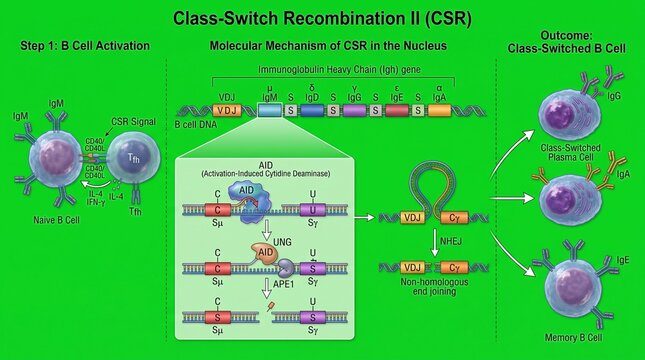 Class-switch recombination in B cells. Biological diagram of antibody isotype switching.