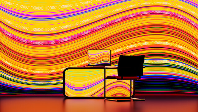 Colorful digital workspace with technology and data present