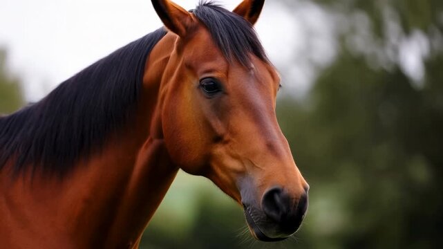 Bay horse turning slightly with attentive calm expression, upright ears, dark eye, glossy coat, soft diffuse daylight, natural outdoor background, detailed equine portrait