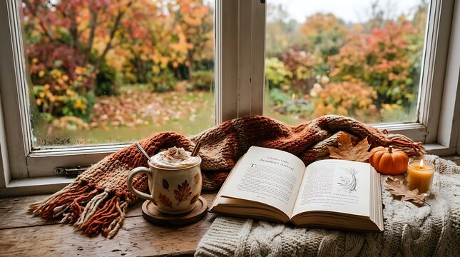 Cozy autumn scene with book drink and fall foliage outside window