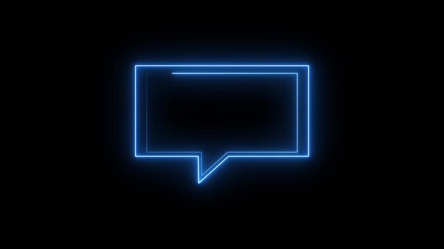 A glowing neon blue speech bubble icon, Neon text message blue color icon glowing animation black background.