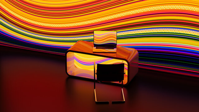 Colorful digital workspace with technology and data present