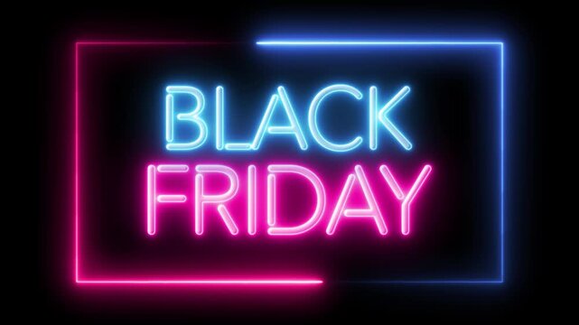 Animated black friday neon sign glowing pink and blue on black background