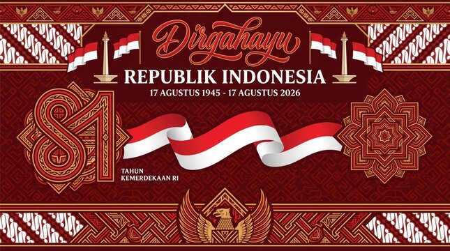 81st Indonesia Independence Day celebration poster featuring complex batik floral patterns golden garuda and flowing ribbon