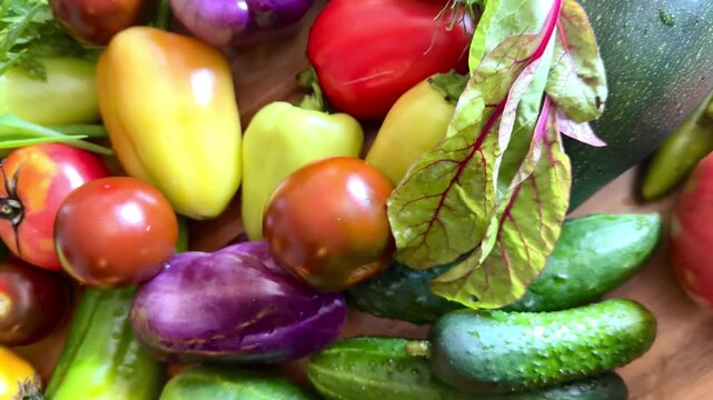 Colorful fresh garden vegetables including heirloom tomatoes, bell peppers, eggplant, cucumbers, and chard displayed on a wooden surface. A vibrant harvest.