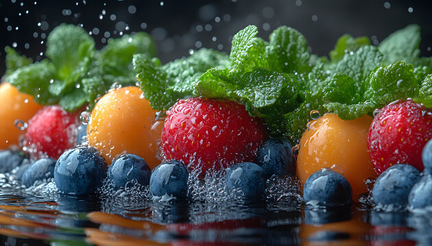 Fresh Colorful Fruit Submerged in Clear Water with Bubbles and Vibrant Natural Colors