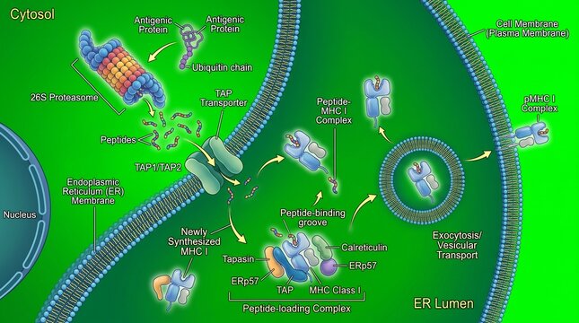 MHC class I antigen processing pathway. Cellular immune response mechanism diagram.