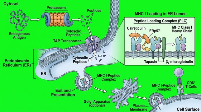 MHC class I antigen processing pathway. Cellular immune response mechanism diagram.